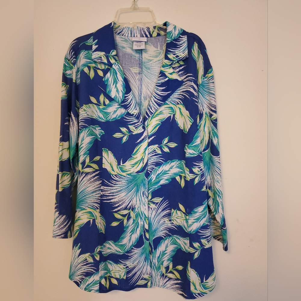 Women's Blue and Green Tropical Button Down